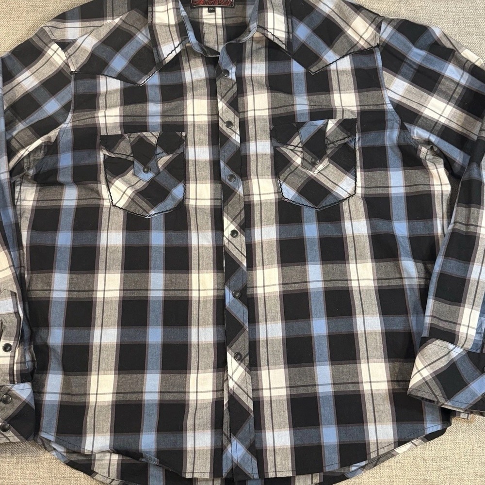 Rock & Roll Cowboy Pearl Snap‎ Shirt Mens XXL Blue Plaid Western Rodeo